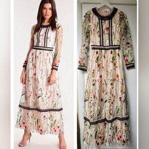 Miss Selfridge Bohemian Embroidered Floral Maxi Dress Size 2